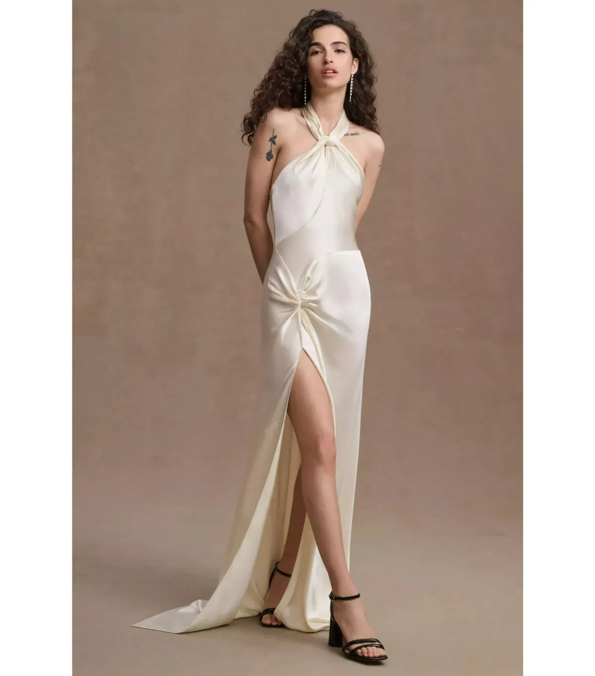 Ronny Kobo Samra Satin Twist-Halter Column Gown Cream Size AU 12 - Image 1