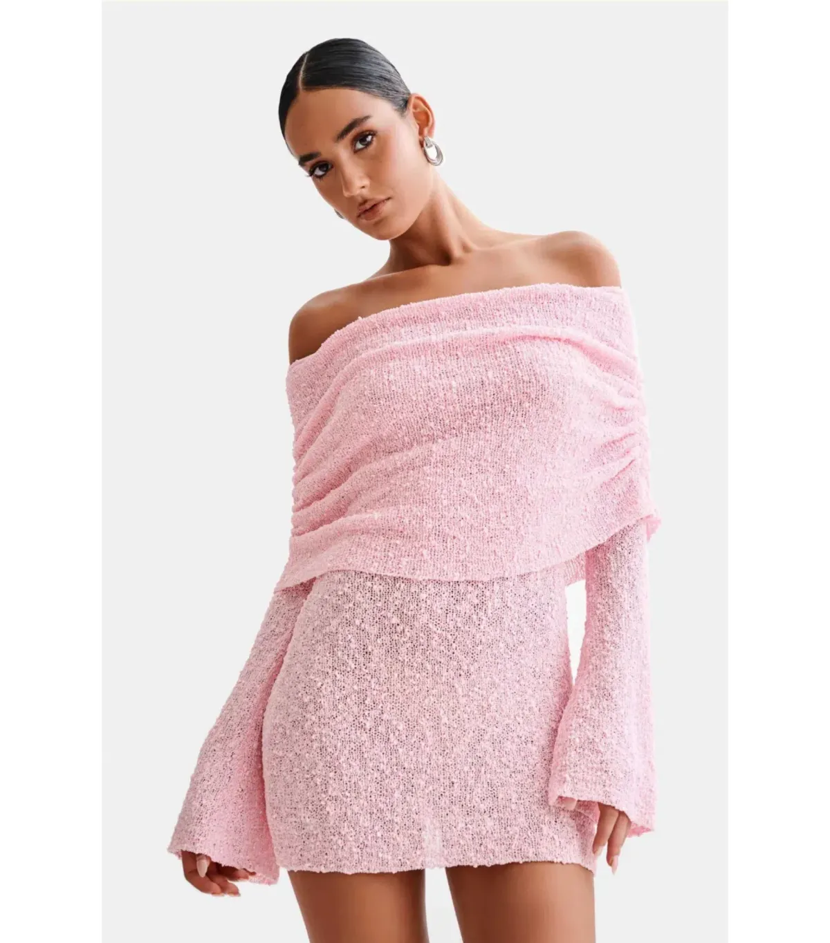 Meshki Marisol Off Shoulder Boucle Mini Dress Baby Pink Size XS / AU 6 - Image 2