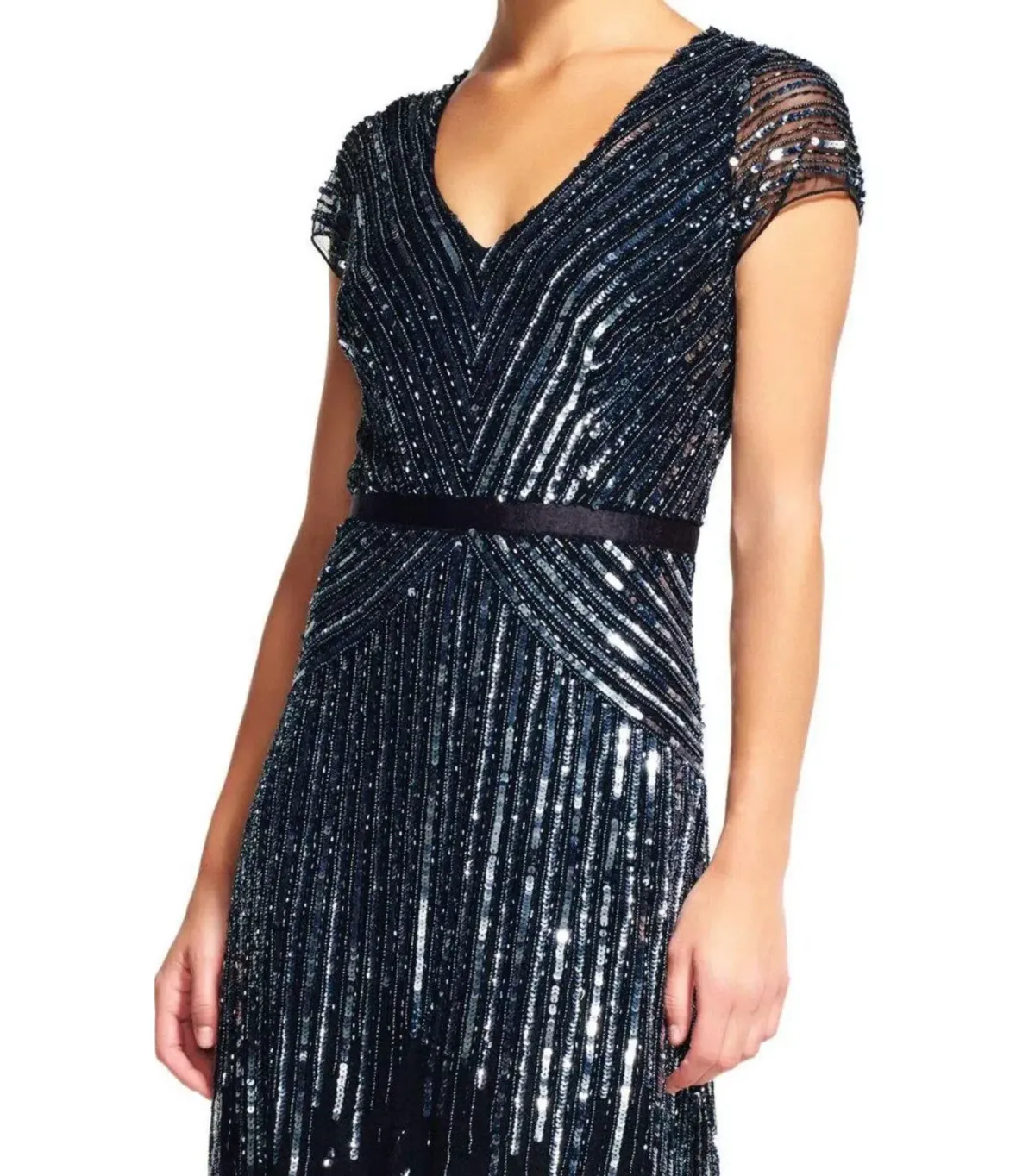 Adrianna Papell Sequinned V-Neck Cap Sleeve Gown Gunmetal Size AU 12 - Image 2
