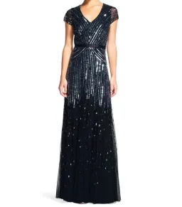 Adrianna Papell Sequinned V-Neck Cap Sleeve Gown Gunmetal Size AU 12 for rent on The Volte - image 1