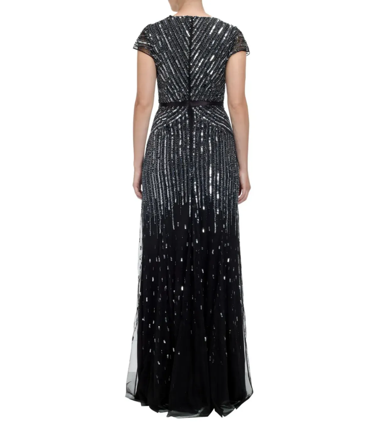 Adrianna Papell Sequinned V-Neck Cap Sleeve Gown Gunmetal Size AU 12 - Image 3