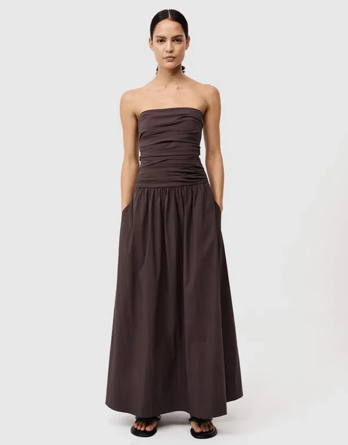 St Agni Gathered Strapless Tie Back Dress Brown Size 8 - Image 1