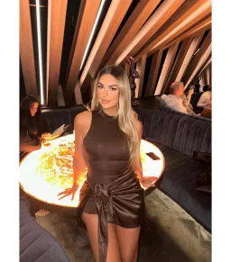 Maniere De Voir Neoprene and Satin Wrap Bodycon Dress Brown Size S / AU 8 for rent on The Volte - image 3