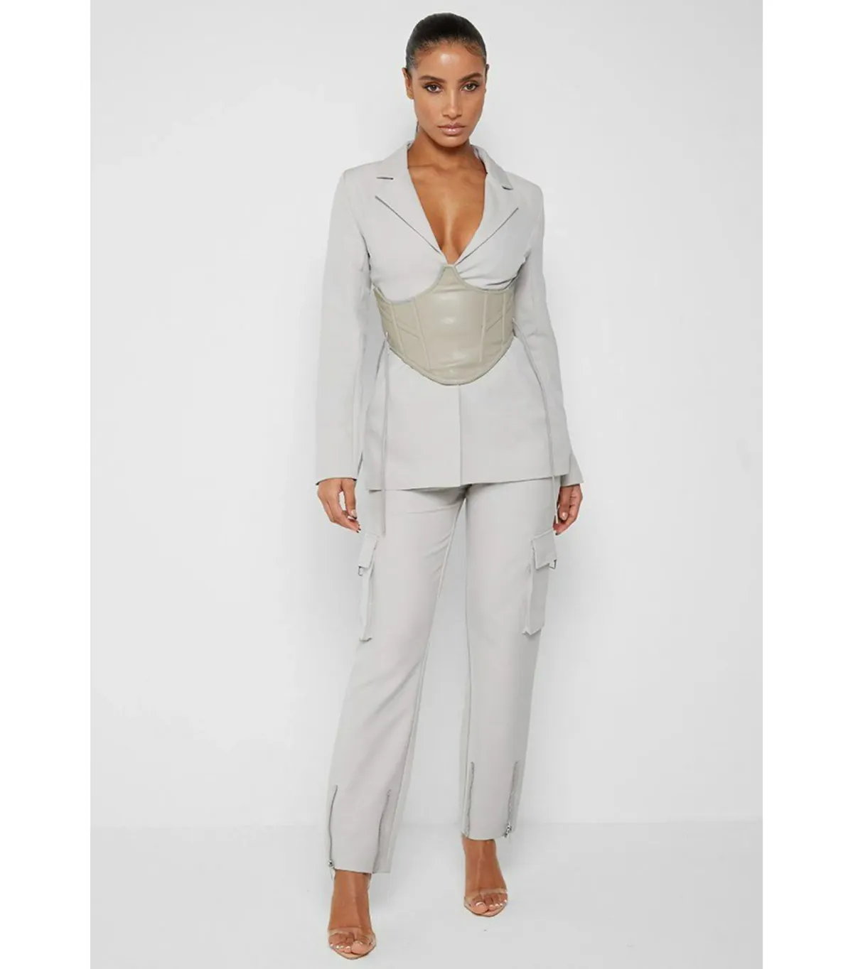 Maniere De Voir Blazer with Vegan Leather Corset Silver Size XS / AU 6  - Image 1