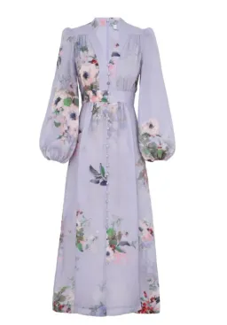 Zimmermann The Everley Plunge Midi Dress in Light Blue Watercolour Floral  Size 2/Au  12 for rent on The Volte - image 4