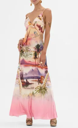 Camilla V Neck Full Length Bias Slip Dress Millas Got Mail Print Size L / AU 14 for rent on The Volte - image 1