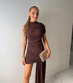 De La Vali Ravenna Draped Jersey Mini Dress Brown Size 8 for rent on The Volte - image 2