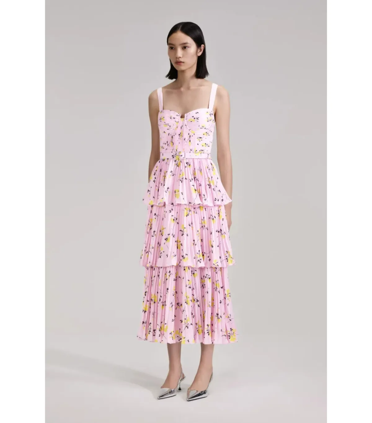 Self Portrait Tiered Midi Dress Pink Floral Print Size AU 6 - Image 2