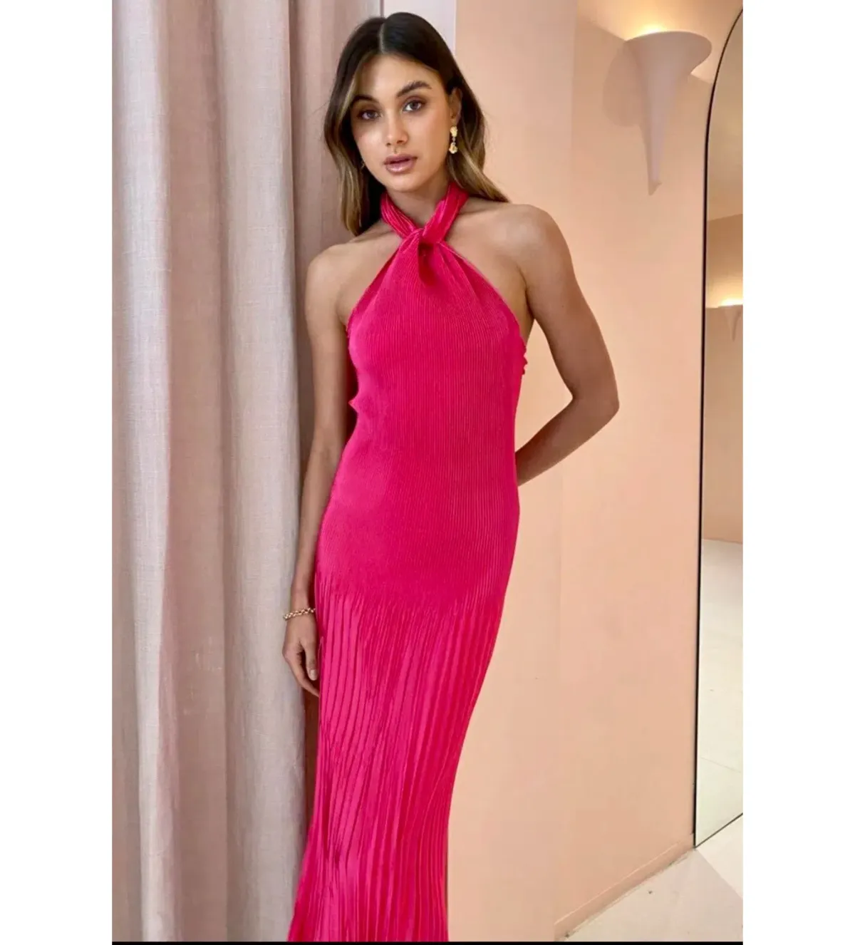 L'Idee Soiree Pleated Halter Gown Punch Hot Pink Size AU 12 - Image 7