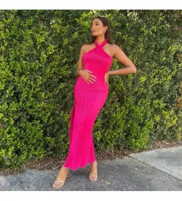 L'Idee Soiree Pleated Halter Gown Punch Hot Pink Size AU 12 for rent on The Volte - image 6