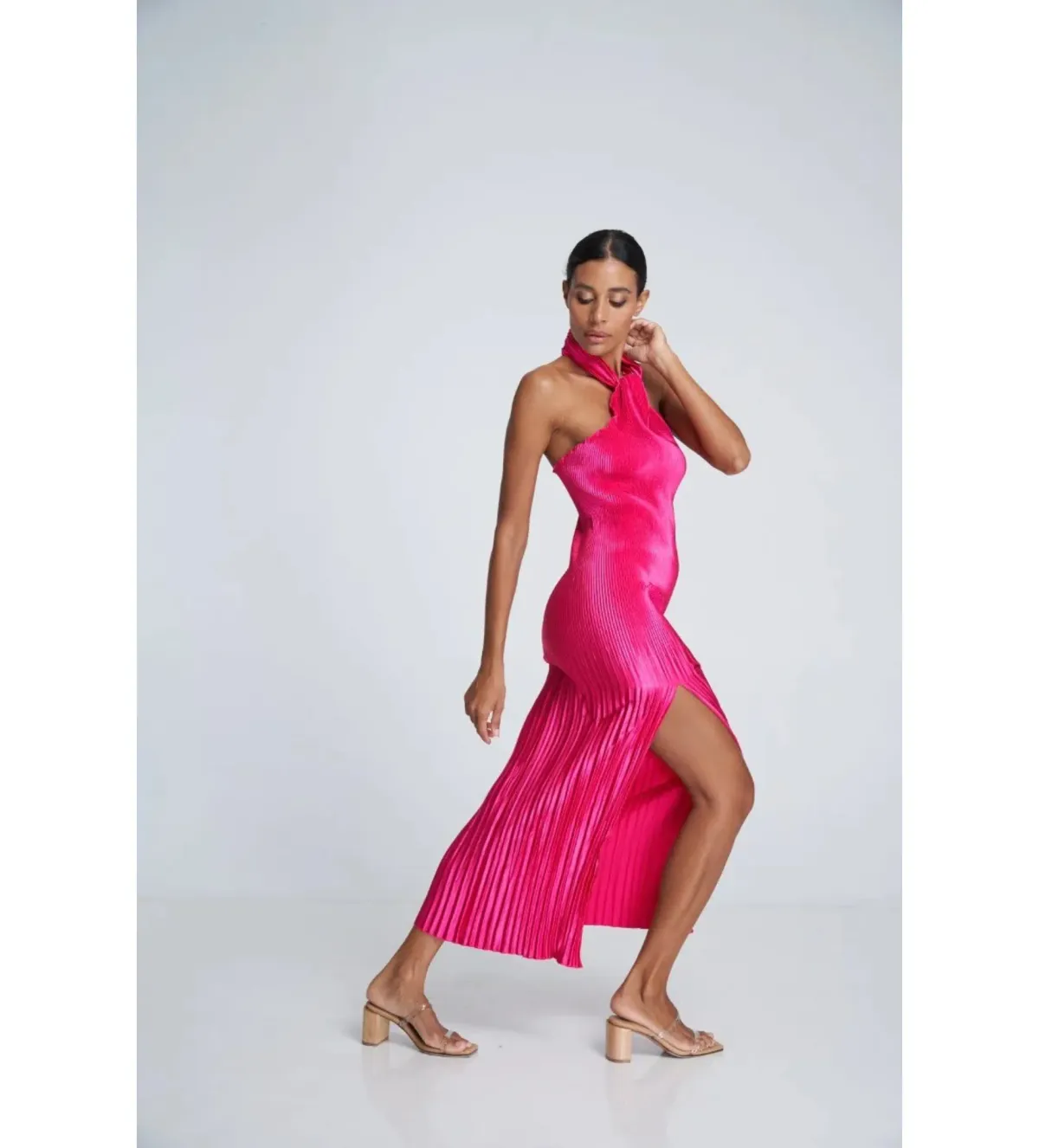 L'Idee Soiree Pleated Halter Gown Punch Hot Pink Size AU 12 - Image 3