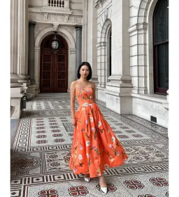 Leo Lin Lynn Bustier Midi Dress Coral Floral Size 10 for rent on The Volte - image 1