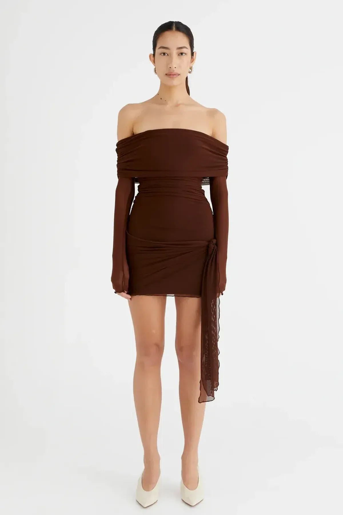 Benni Yasmin Off Shoulder Mini Dress Cacao Brown Size XS / AU 6 - Image 4