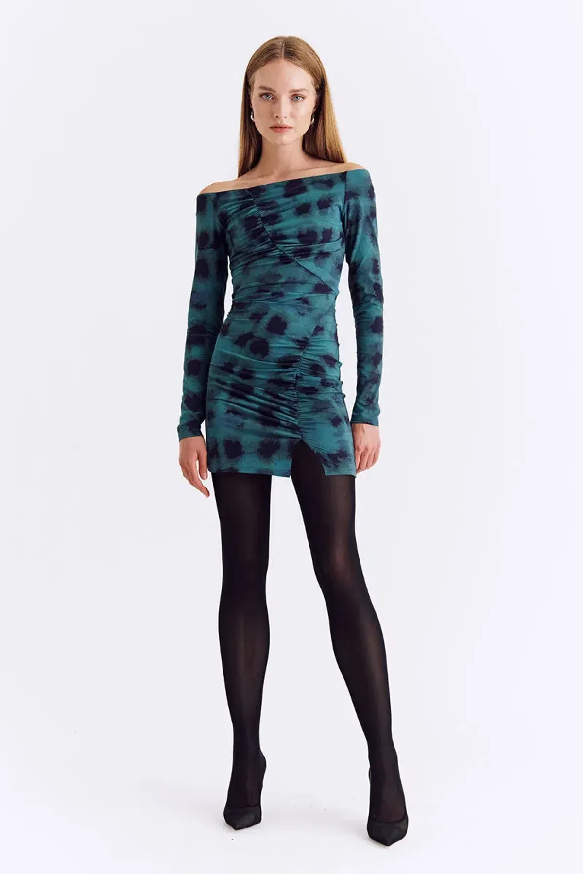 Suboo Shibori Long Sleeve Off Shoulder Dress Mini Green Size 8 - Image 1