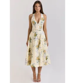 House of CB Allena Ribbon Stretch Cotton Halter Midi Sundress in Lemon Size AU 8 for rent on The Volte - image 1
