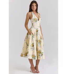 House of CB Allena Ribbon Stretch Cotton Halter Midi Sundress in Lemon Size AU 8 for rent on The Volte - image 2