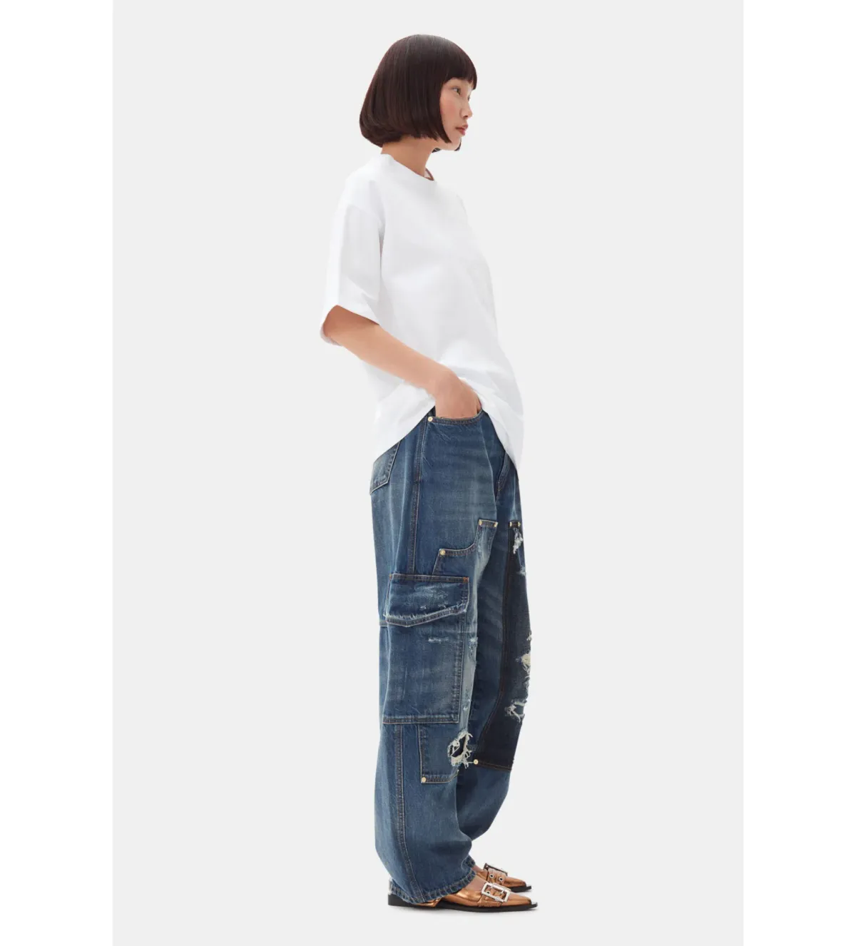 Ganni Heavy Cotton Drop Shoulder Heart T-shirt in White Size S/ AU 8 - Image 3