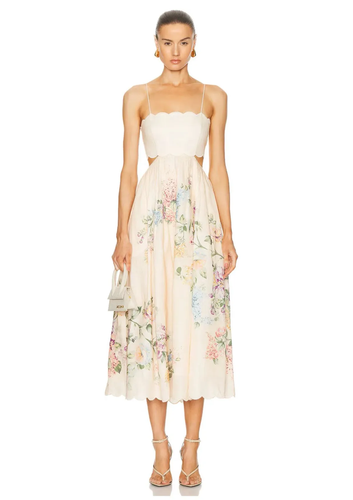 Zimmermann The Halliday Scallop Midi Dress in Cream Watercolour Floral Size 2 / AU 12 - Image 1