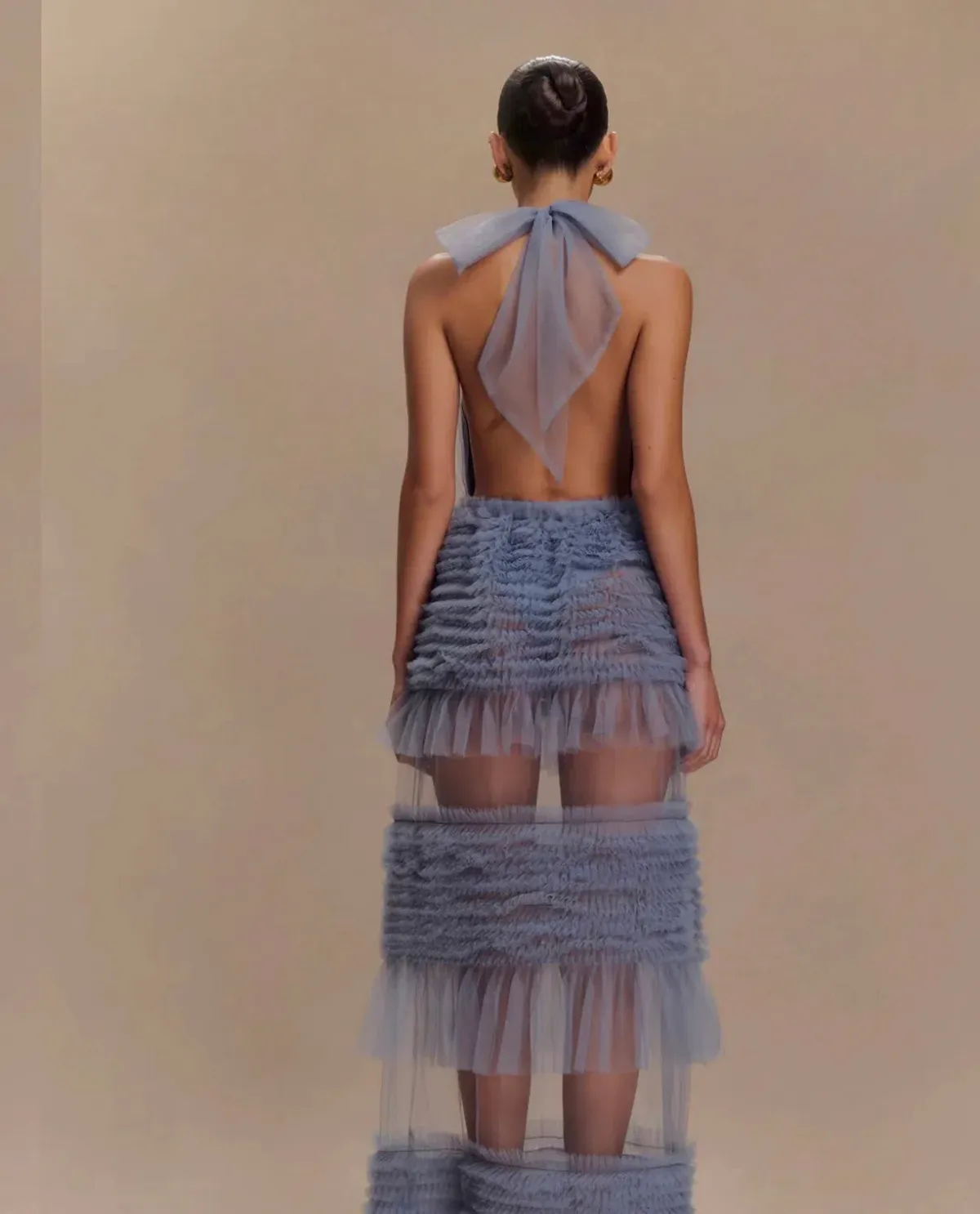 Meshki Mesh Tulle Ruffle Halter Maxi Dress Blue Size 6 - Image 3