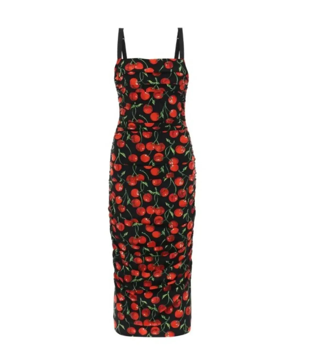 Dolce & Gabbana Cherry-Print Ruched Midi Dress Black Size AU 10 - Image 5
