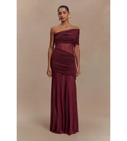 Meshki Dallas One Shoulder Mesh Maxi Dress Burgundy Size AU 8 for rent on The Volte - image 1