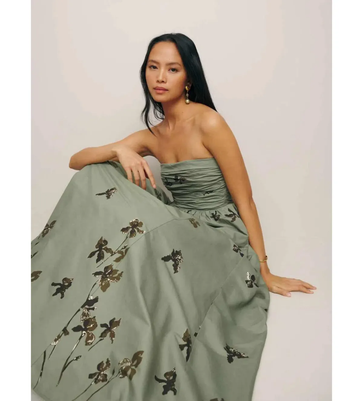 Reformation Kastoria Ruched Maxi Dress in Green/Iris Border Size 0/AU 6 - Image 4