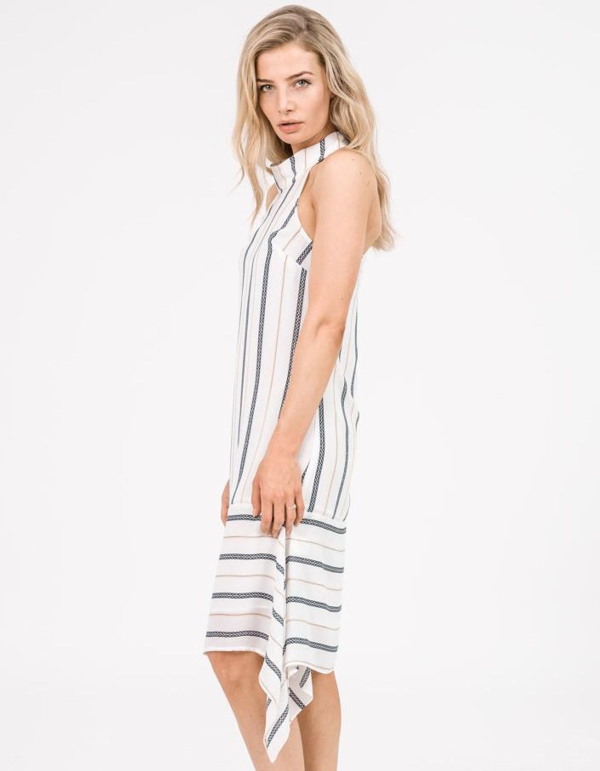 Shona Joy High Neck Handkerchief Dress Navy Gold Stripe Size 8 - Image 2