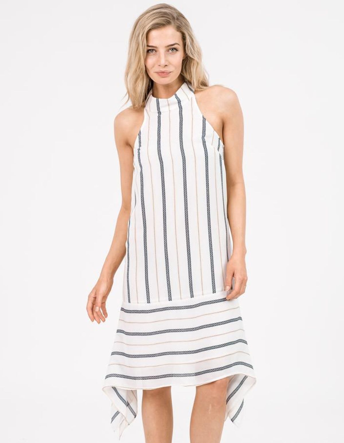 Shona Joy High Neck Handkerchief Dress Navy Gold Stripe Size 8 - Image 1