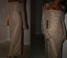 Marcel Off Shoulder Diamante Maxi Dress Nude Size 6/XS for rent on The Volte - image 2