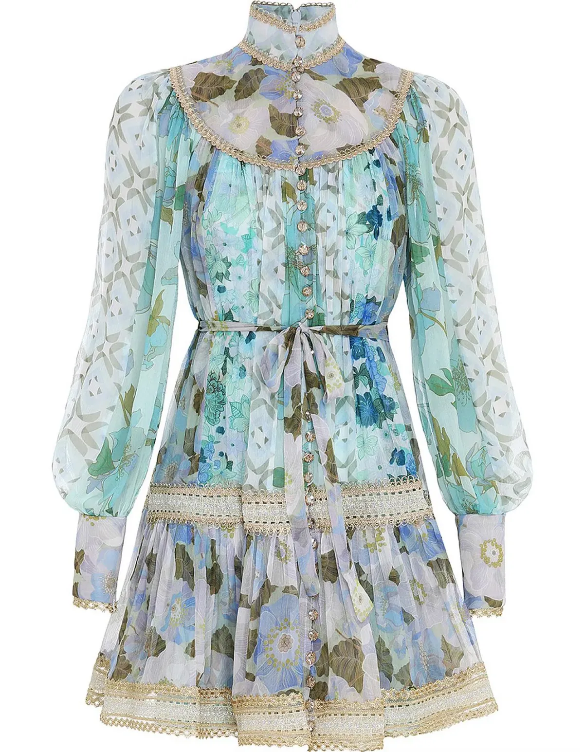Zimmermann Rhythm Trimmed Billow Mini Dress in Aqua Mixed Print Size AU 8 - Image 3