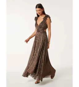 Selena Plisse Ruffle Shoulder Maxi Dress Brown Size 10  for rent on The Volte - image 2