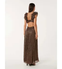 Selena Plisse Ruffle Shoulder Maxi Dress Brown Size 10  for rent on The Volte - image 3