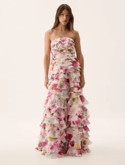Aje Fleur Pleated Gown Dress Collage Floral Size 10  for rent on The Volte - image 1