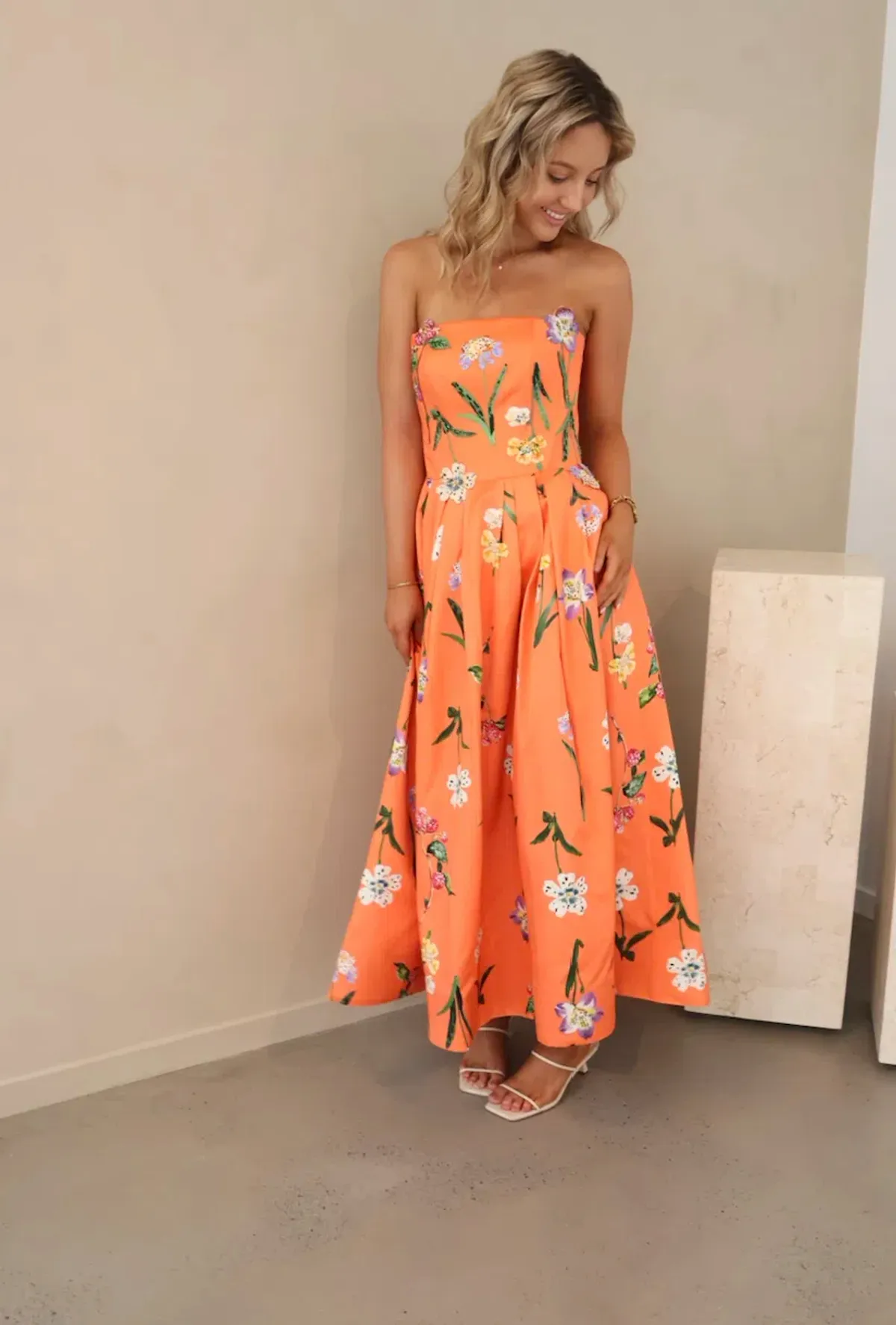 Leo Lin Lynn Bustier Midi Dress in Wild Flower in Coral Size 8 - Image 2