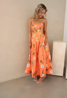 Leo Lin Lynn Bustier Midi Dress in Wild Flower in Coral Size 8 for rent on The Volte - image 2