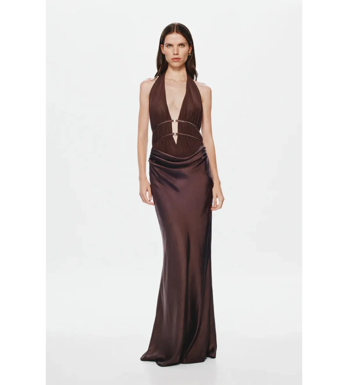 Misha The Celine Satin and Mesh Maxi Dress in Umber Brown Size 8 - Image 1