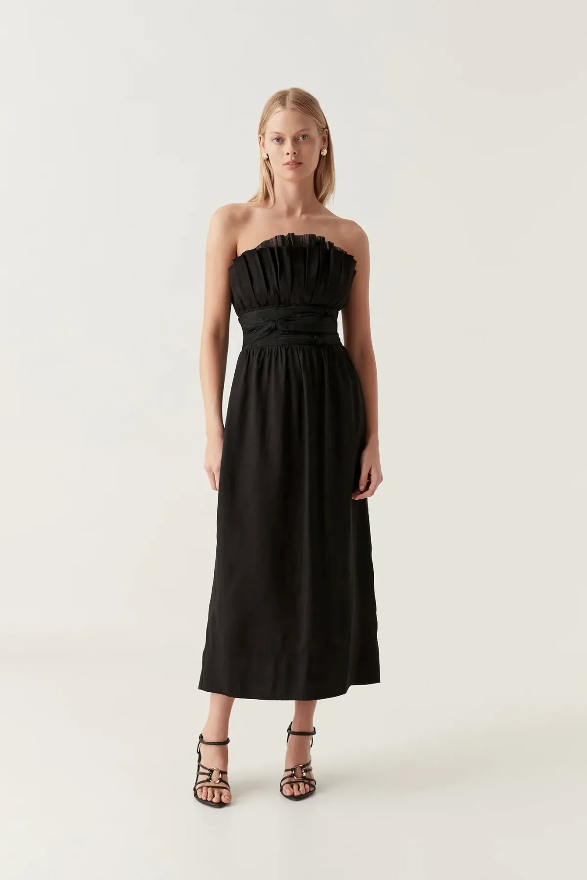 AJE Black Whisper Knot Strapless Ruffle Midi Dress AU 8 - Image 1