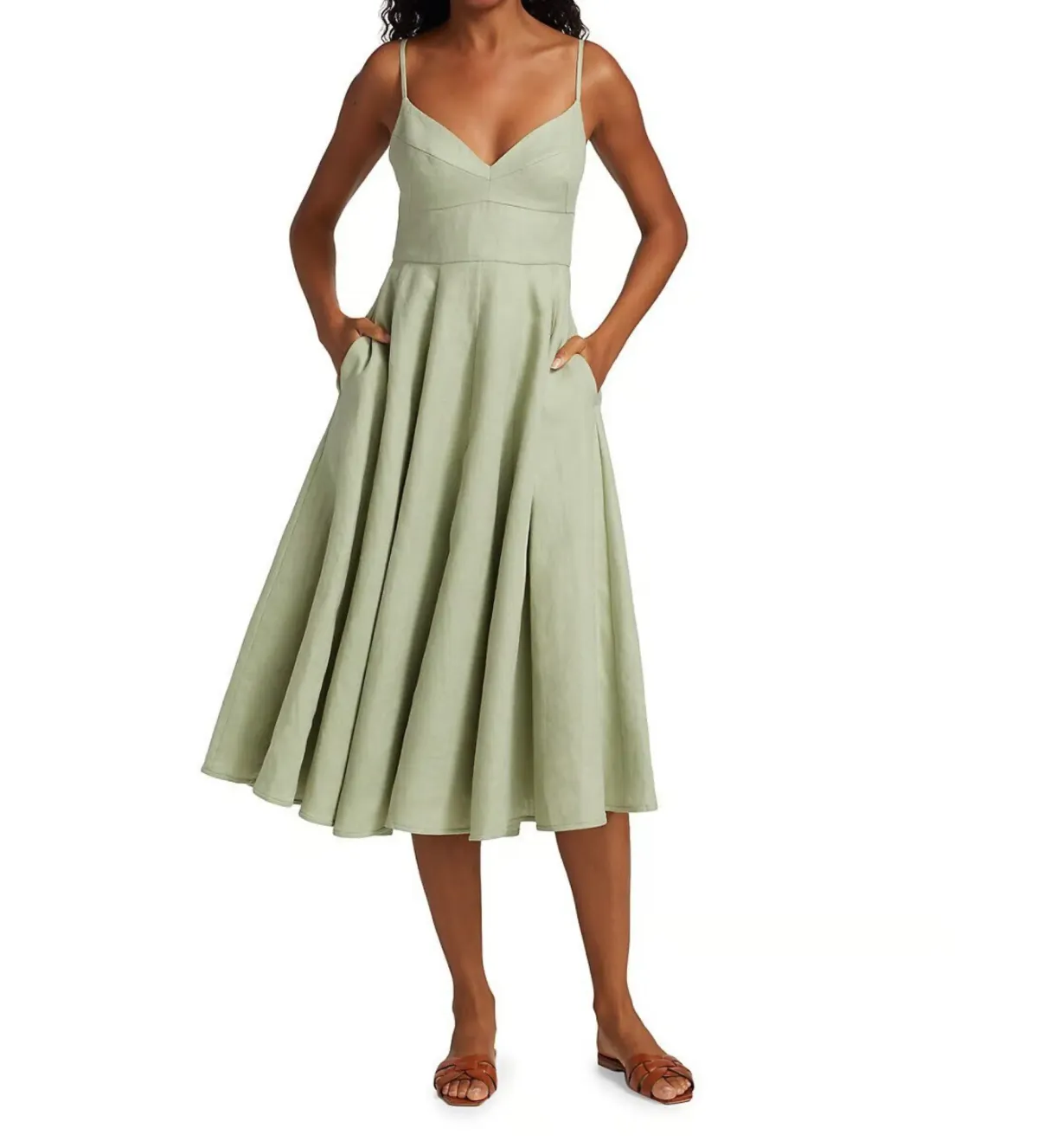 Zimmermann Dancer Picnic Shirred Linen Midi Dress Sage Size 3/AU 14 - Image 1