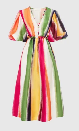Leo Lin Fortune Stripe Silk Linen Midi Dress Size AU 12 for rent on The Volte - image 2