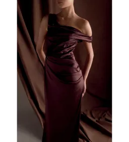 Meshki Dalia Off Shoulder Satin Dress Chocolate Brown Size 8 for rent on The Volte - image 2
