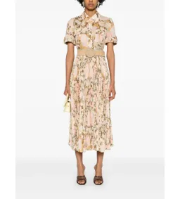 Zimmermann Pop Pleated Midi Shirtdress Gold/peach Floral Size 0 / AU  8 for rent on The Volte - image 1