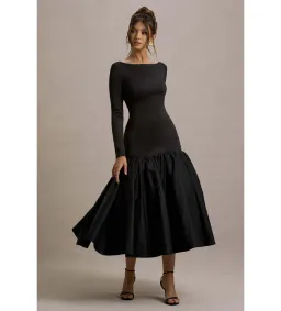 Club L London Perpetua Drop-Waist Midi Dress with Volume Skirt Black Size AU 10 for rent on The Volte - image 2