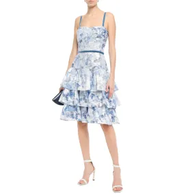 Marchesa Notte Tiered Velvet-Trimmed Fil Coupé Organza Dress in Sky Blue Size 10 for rent on The Volte - image 1