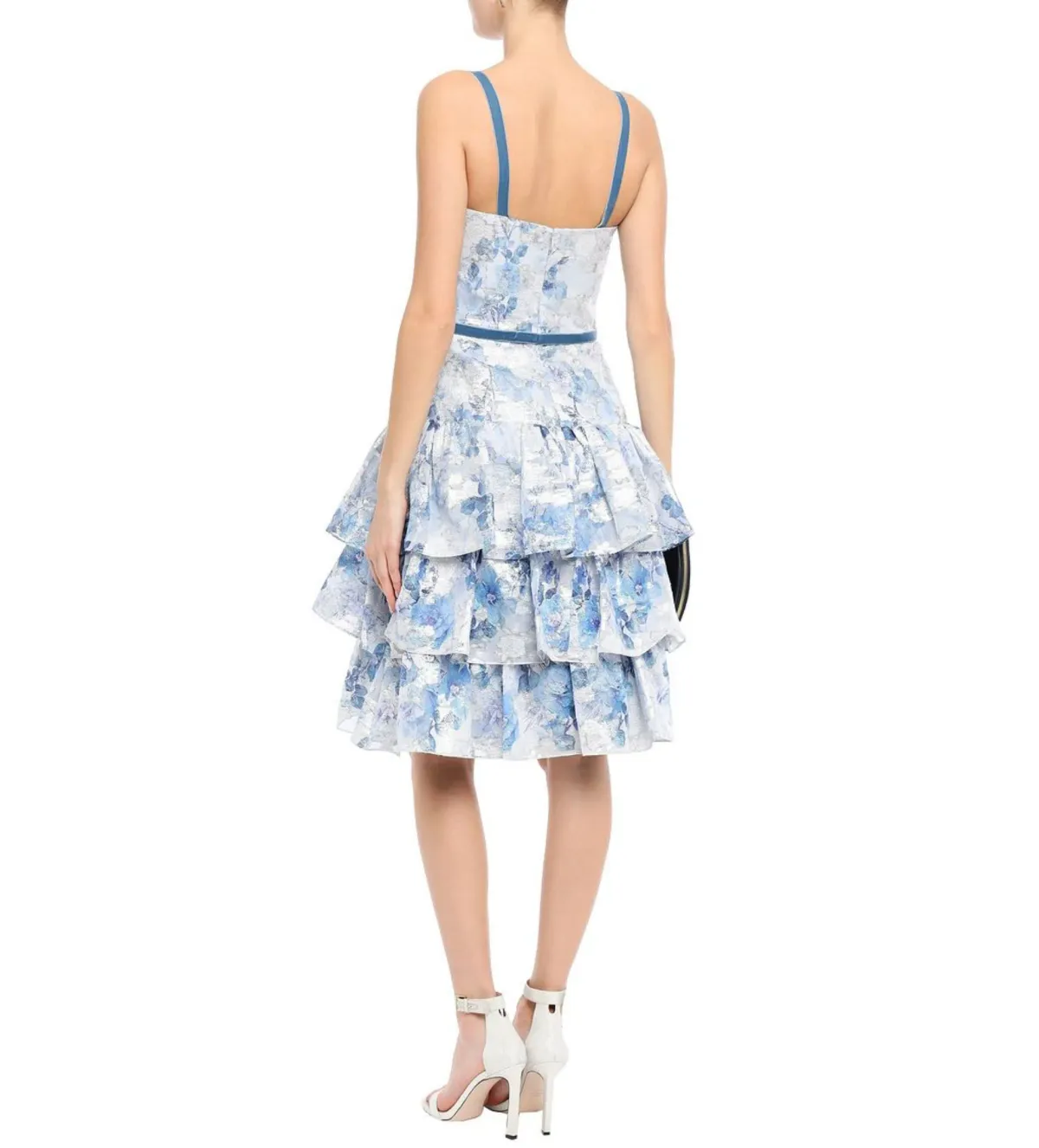 Marchesa Notte Tiered Velvet-Trimmed Fil Coupé Organza Dress in Sky Blue Size 10 - Image 2
