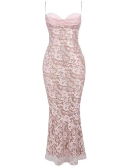 House of CB Azzurra Lace Godet Gown in Pink Size 8 for rent on The Volte - image 4