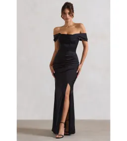 Club L Kimberly Black Bardot Satin Maxi Dress Size 8 for rent on The Volte - image 1