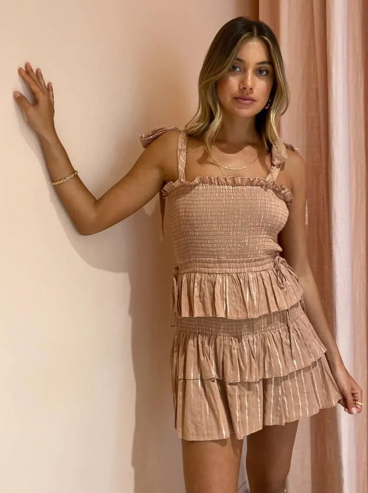 Shona Joy Corinne Shirred Mini Dress Desert Rose Size 8 - Image 4