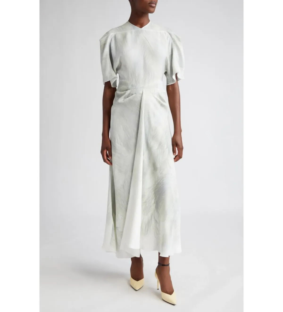 Victoria Beckham Drape Sleeve Midi Dress In White Digital Feather Print Size AU 8 - Image 5
