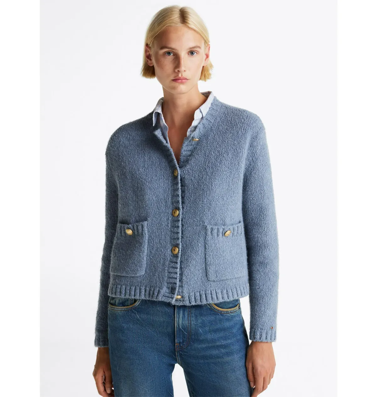 Tommy Hilfiger Gold-Tone Button Textured Cardigan Blue Size  M/Au 10  - Image 3