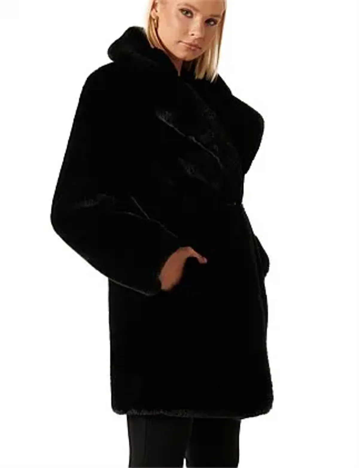 Forever New Iggy Belted Longline Fur Coat Black Size 12  - Image 2